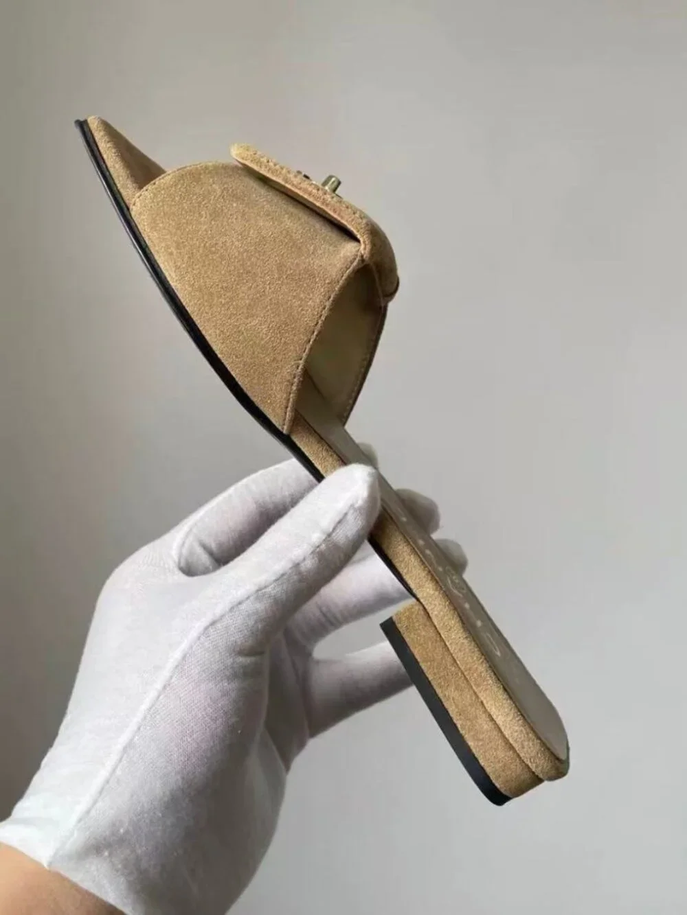 Chanel Beige Suede CC Turn‑Lock Square Toe Slide Sandals